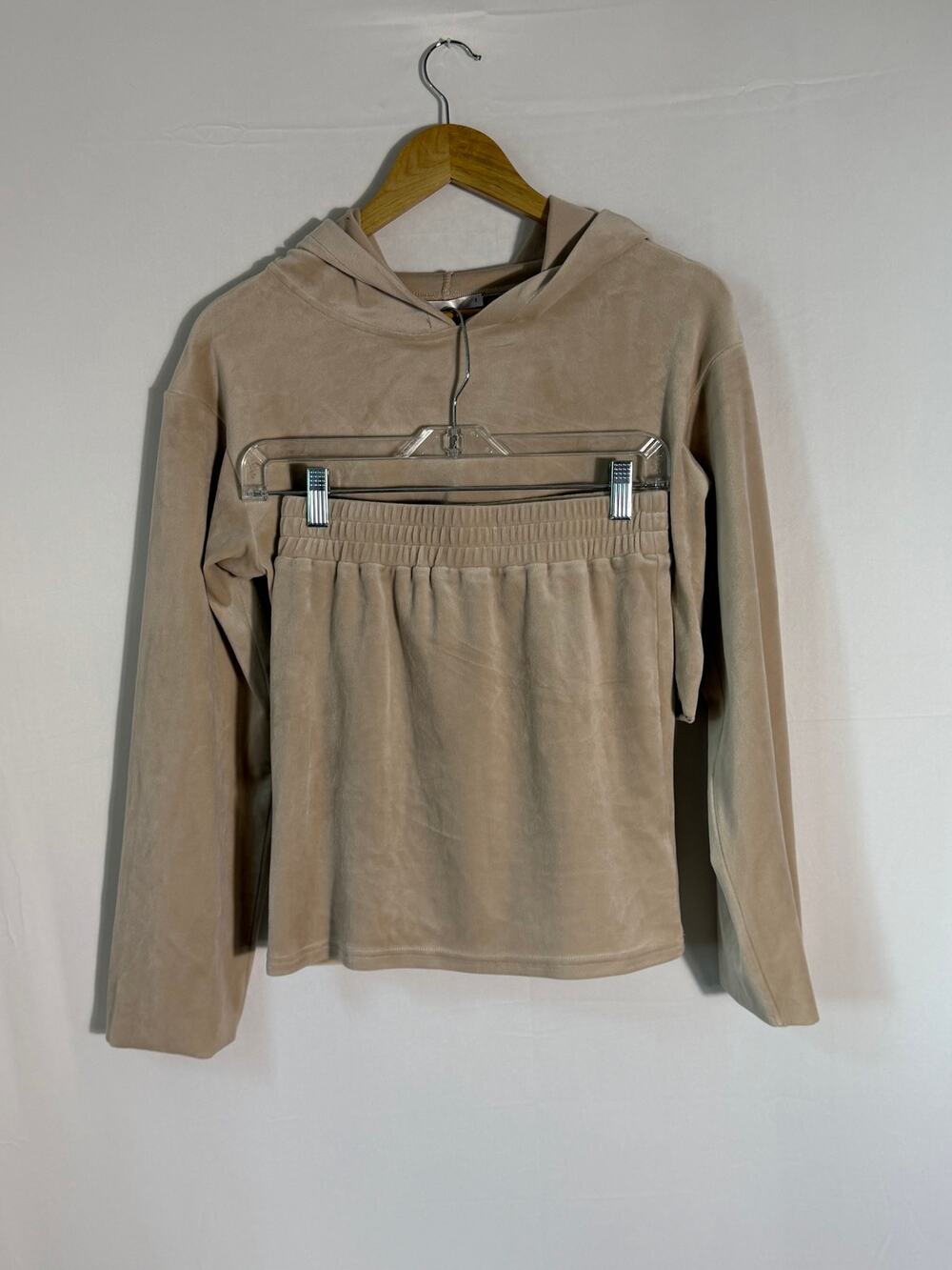 Salty Brand Beige Velour Cropped Hoodie & Mini Skirt Set Size Small Cozy